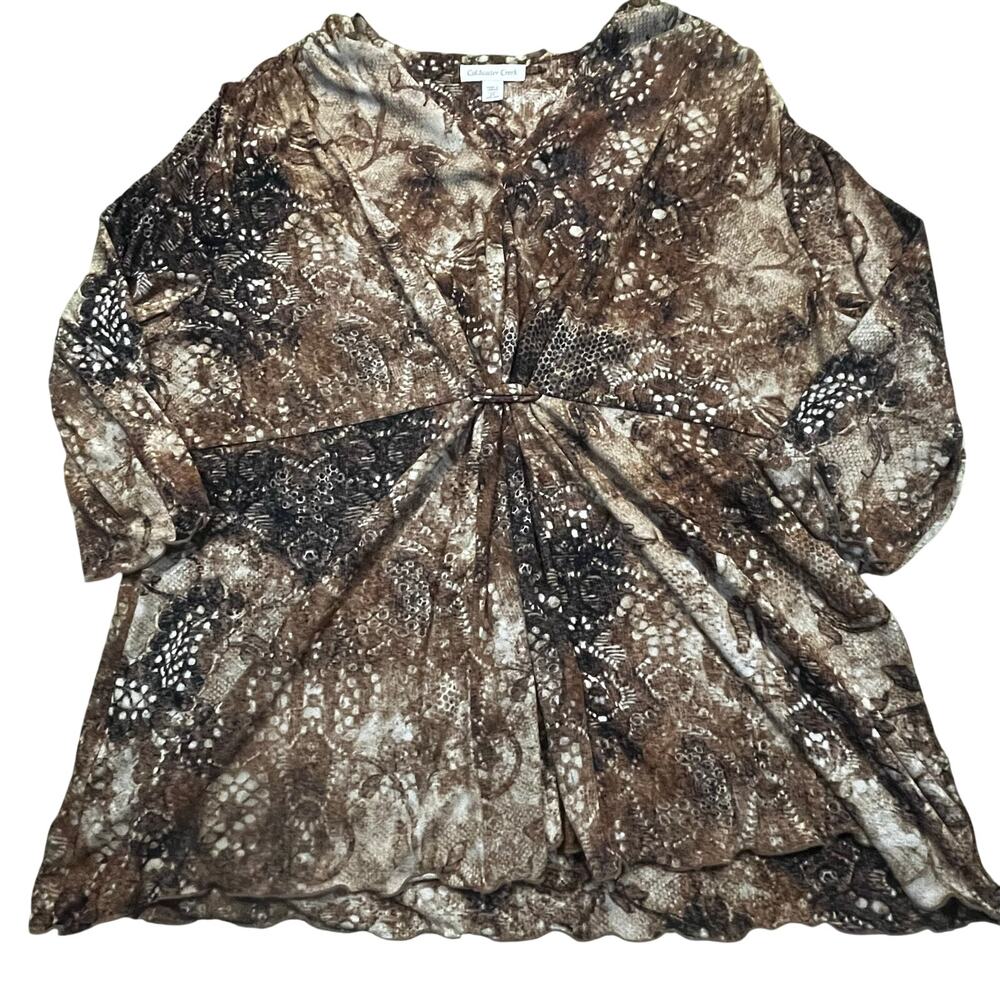 Coldwater Creek Womens 2X Snake Print Boho Blouse Ring Front V Neck Brown
